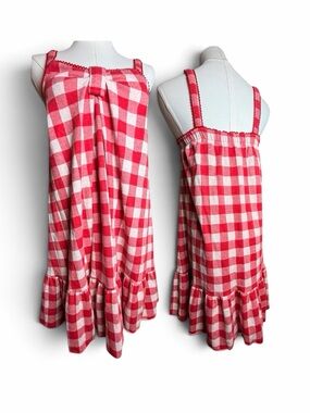 Emily Temple Cute Gingham Bow Babydoll Mini Dress Red‎ Cream M